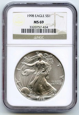 1998 American Eagle 1 Oncia Argento Dollaro NGC MS69 Certificato Lingotto - P604 - Immagine 1 di 2