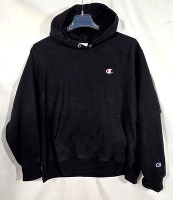 Винтажная черная толстовка с капюшоном Champion обратного плетения с вышитым логотипом C L 90-е - Изображение 1 из 4
