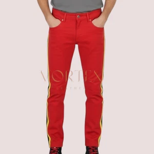 Pantalones de cuero de piel de cordero rojos para hombre estilo motociclista gay calce ajustado pantalones LGBTQ moda - Imagen 1 de 4