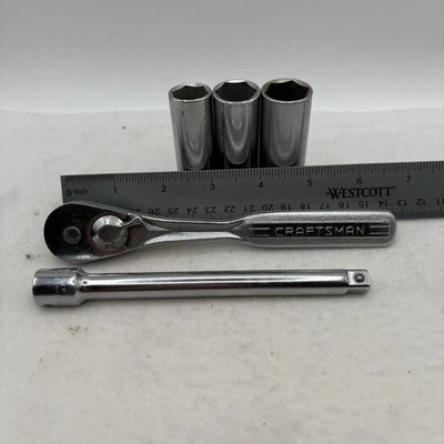 Lot of 5 Craftsman items: 3/8” ratchet, 6” ext, 3 sockets: 5/8”, 11/16”, 3/4" - Image 1 of 4