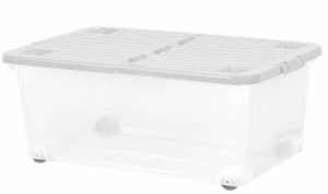 WHAM PACK OF 5 STORAGE BOXES WITH WHEELS AND FOLDING LID 45L CLEAR BASE GREY LID - Picture 1 of 5