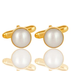 Natural Pearl Gemstone Yellow Gold Plated Men's Cufflinks For Birthday Gift - Picture 1 of 5