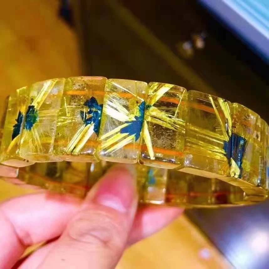 NaturalGold RutilatedQuartzGemstone Crystal Rectangle Bead Bangle Bracelet AAAAA - Image 1 of 4