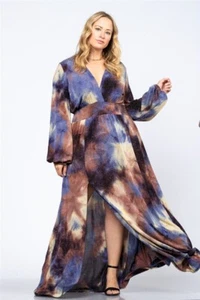 Womens Plus Size Blue Shimmer Tie Dye Maxi Dress 1XL Slit Leg - Picture 1 of 2