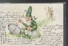 Ancienne carte postale allemande de Pâques lutin peinture œuf et lapin anthropomorphe