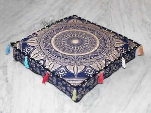 16X4" Square Box Cushion Cover Blue Golden Mandala Floor Pillow Cover Home Decor - Picture 1 of 3