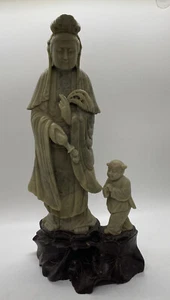 Vintage Old Chinese Carved Republic Era Soapstone Carving GuanYin & Child - Picture 1 of 15