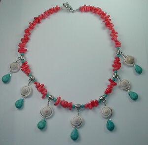 Statement Coral Shell & Turquoise Teardrop Howlite Necklace Beach Wedding