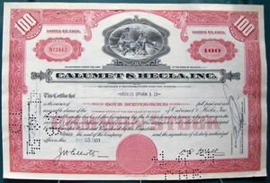 Lot of 10 stock certificates Calumet & Hecla, Inc. dated 1953. (B69) - Picture 1 of 2