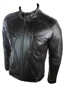 Mens Real Leather Biker Jacket Vintage Dark Brown Zipped Funky Retro Casual
