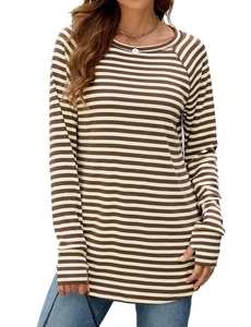 Poetsky Damen Langarm Farbblock Rundhalsausschnitt Tunika gestreift braun Small - Bild 1 von 3