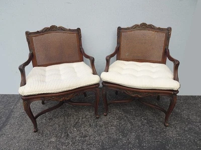 Pair French Provincial Louis XVI Cane Armchairs Chairs White Cushion & Stretcher - Image 1 of 4