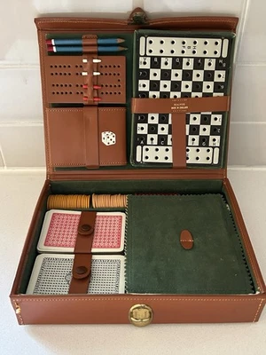VTG Leather Bound Travel Game Set Mini Chess Dominoes Poker Waddingtons Cards - Image 1 of 4