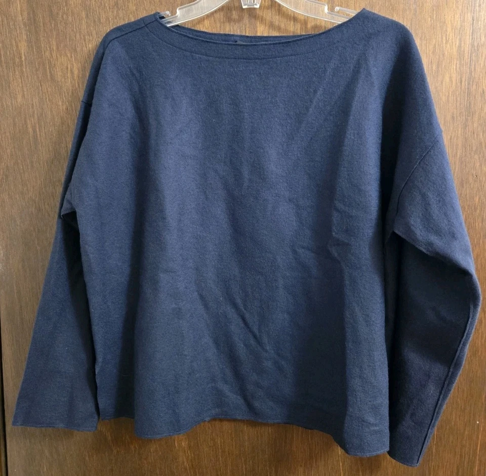 EILEEN FISHER 100% Wool Boiled Wool Jersey Bateau Neck Top Navy Blue Medium NWT - Image 1 of 4