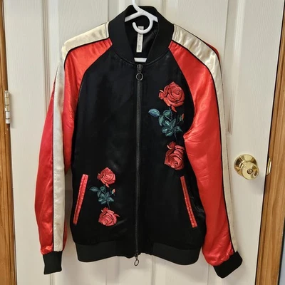 Zara Man Bomber Jacket Size M Red & Black Satin Embroidered Roses Vintage - Image 1 of 4