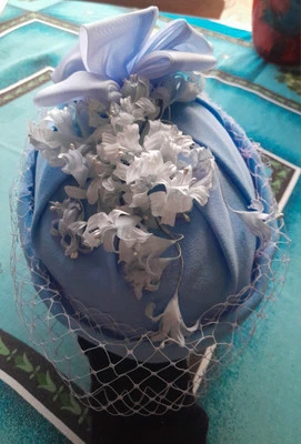 C&A Vintage 1980s Pale Blue  Pillbox Hat Ribbon Bow.  Flower Detail & Net Veil - Image 1 of 4