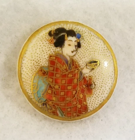 ANOTHER ANTIQUE HAND PAINTED MEIJI ERA SATSUMA CERAMIC W/A PRETTY GEISHA 15/16" Cover