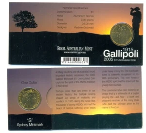 2005 Uncirculated $1 Coin: "Gallipoli - Lest We Forget" "S" Mintmark. - Picture 1 of 1