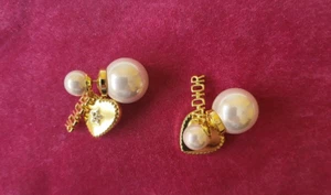 Christian Dior Faux Pearl Tribal Logo Heart Pierced Gold Earrings 1"×.75" Jadior - Picture 1 of 9