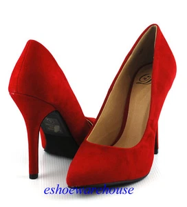 Lipstick Red Faux Suede Sexy Height Pointy Pointed Toe Stilettos Heels Pumps - Picture 1 of 10