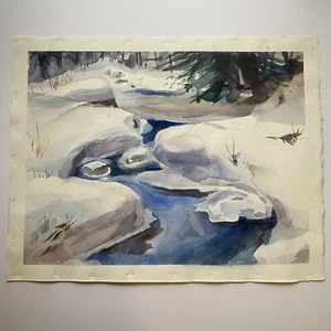 Original Watercolor Painting -Inger Heideman (Unsigned)- Winter Stream Landscape - Picture 1 of 8
