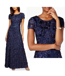 Alex Evenings Gown Womens Sz10 Navy Blue Rosette A Line Short Sleeve Formal Long - Picture 1 of 8