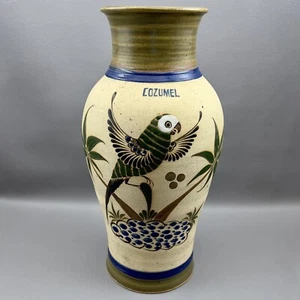 Vintage Mexican Pottery Vase Parrot Island Palm Trees Butterfly Cozumel 14" - Picture 1 of 7