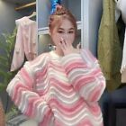 Lady Knit Top Sweater Jumper Gradient Striped Hollow Out Long Sleeve Loose Soft