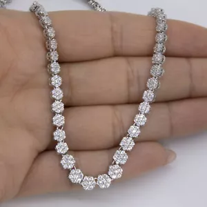 Graduated Flower Cluster Tennis Chain Necklace Sterling Silver 925 - Picture 1 of 7