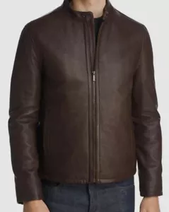 $905 Cole Haan Women's Brown Full-Zip Lambskin Leather Moto Biker Coat Jacket M - Picture 1 of 2