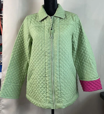 Quacker Factory Small Green Pink Quilted 100% Silk Jacket Coat Full Zip NEW - Image 1 of 4