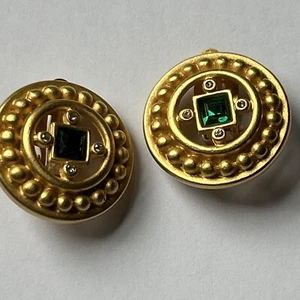 Givenchy Rare Gold Metal Earrings Vintage Clip On Green Glass - Picture 1 of 11