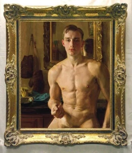 Antico dipinto olio fatto a mano Old Master-Art giovane maschio nudo su tela 20"x24" - Foto 1 di 2