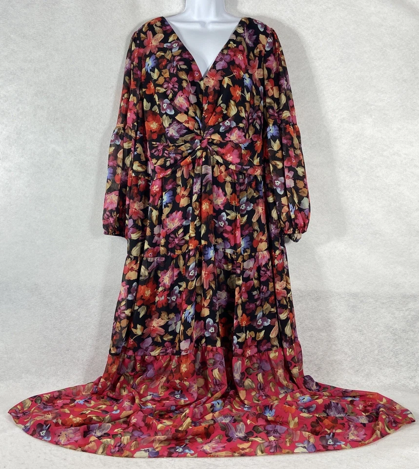 Vince Camuto Maxi Dress Womens 20W Red Black Long Sleeve Tiered Ruched Chiffon - Image 1 of 4