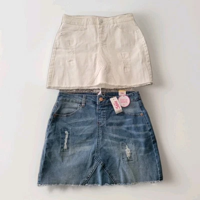 Nuevo con etiquetas Conjunto 2 Falda Jean Justice Dobladillo Crudo Incorporado Pantalones Cortos Elastizados Denim Azul Blanco 16 Foto 1 de 4