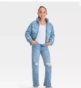 Girls' Solid Blue/Gray Shiny Puffer Jacket - Art Class  XS 4/5 - Picture 1 of 7