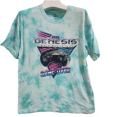 SEGA GENESIS GAME OVER Tie Dye BLUE WHITE T-Shirt Video S UNISEX SINGLE STITCH - Image 1 of 4