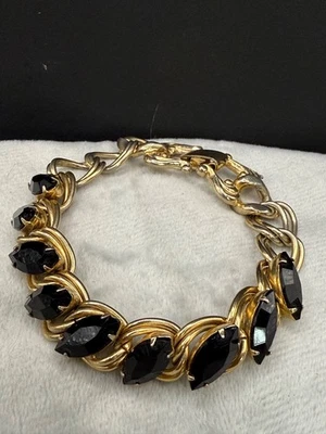 Vintage Bracelet Black Rhinestone Gold Tone Size 7” - Image 1 of 4