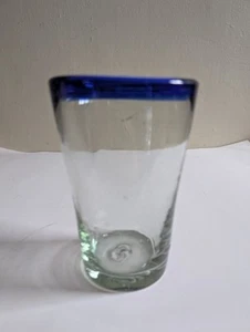Mexican Hand Blown 5.5" Tumbler Glass Blue Rim Bubbles Art Tall Drink Glass - Picture 1 of 10