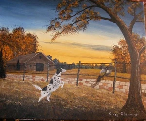 QUADRO ORIGINALE 16 PER 20 CANE DA CACCIA E FAGIANO FATTORIA PAESAGGIO ARTE ACRILICA - Foto 1 di 1