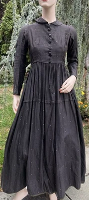 ANTIGUO VESTIDO EDUARDIANO NEGRO ALGODÓN CASA DE DÍA CON PUNTOS Foto 1 de 4