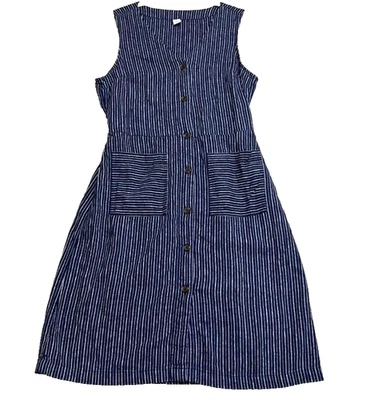 Old Navy Dress Womens L Linen Blend Blue Striped Button Up Sleeveless Boho Ranch - Image 1 of 4
