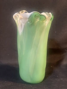 Vintage Green & White Cased Glass Vase MURANO Style 6.5” - Picture 1 of 6