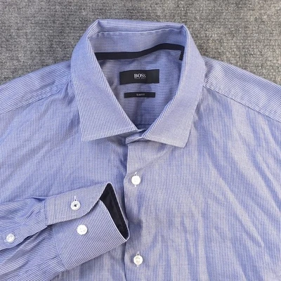 Camisa de Vestir Hugo Boss 15 38 Azul Micro Geométrico Cuello Punto Algodón  Foto 1 de 4