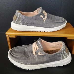 Hey Dude Wendy Boho Women’s Grey Pink Canvas Slip On Embroidered Logo Shoes Sz 5 - Picture 1 of 12
