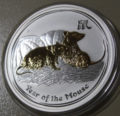 Australien 1 Dollar 2008 Silber 1 Oz Lunar II. Year of the Mouse #F6590 gildet - Bild 1 von 4