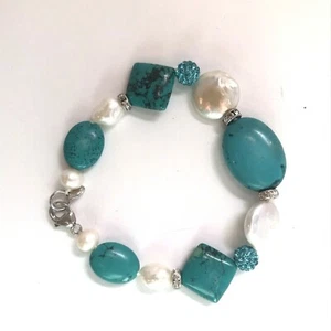 LUC Lucoral Bracelet Beaded Sterling Pearl Turquoise Rhinestone Signed - Picture 1 of 7