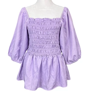 Vero Moda Top Shirring Puff-Sleeves Peplum Square-Neck Babydoll Large Lavender - Picture 1 of 9