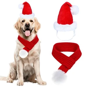 Dog Christmas Santa Hat and Scarf Dog Christmas Outfit Adjustable Knitted Dog... - Picture 1 of 6
