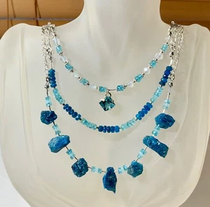 SS .925 NEON BLUE APATITE & ZIRCON NECKLACE 3 STRANDS ! - Imagen 1 de 9